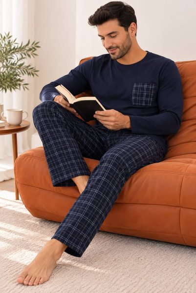 Pijamasoft Men's Pocketed Long Sleeve Navy Blue Plaid Printed Cotton Knitted ...
