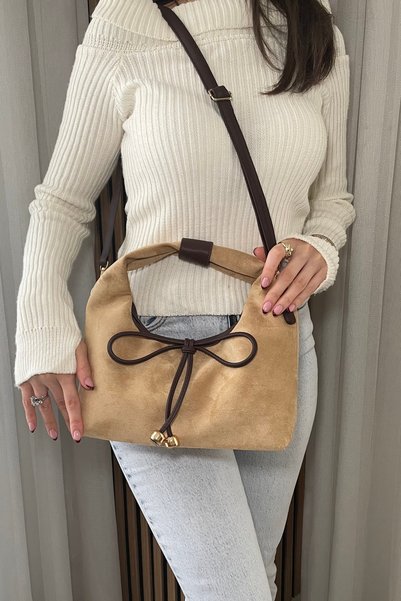 Fibag Women's Camel Suede Look Stylish Hand and Shoulder Bag with Bow Detail and Gold Accessories