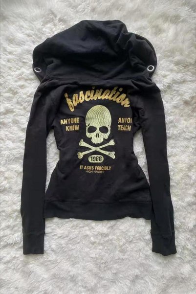 Genel Markalar Siyah Fascination Skull Gotik Harajuku Y2K Kapüşonlu Crop Hırka
