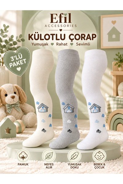 Genel Markalar Unisex Bebek ve Çocuk Ev ve Pati Desenli Külotlu Çorap 3'lü Pa...