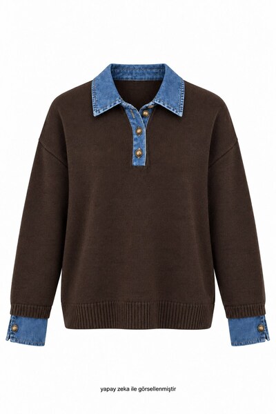 elifteke Out Manşetleri Denim Triko Bluz Kahverengi
