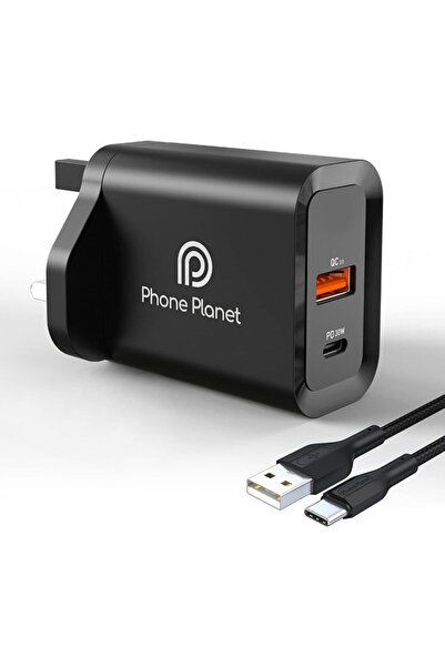 PHONE PLANET شاحن USB-C بقوة 30 واط، شاحن حائط سريع بمنفذين PD QC 3.0 مع كابل...