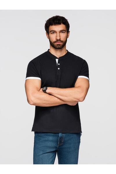 OMBRE Tricou bărbătesc, guler ridicat, închidere cu nasturi, bumbac pique, ne...
