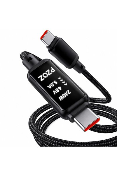 Pzoz كابل USB C إلى USB C بقوة 240 واط وطول 2 متر مع شاشة LED لعرض الطاقة
