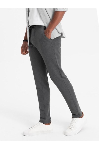 OMBRE Pantaloni tricotați pentru bărbați, croială slim, închidere cu fermoar, gri închis OM-PACP-0116