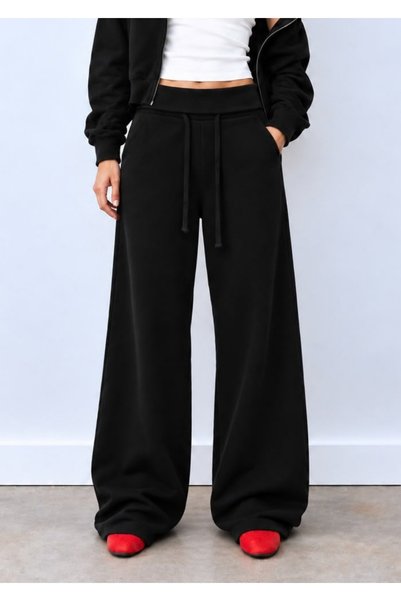 LOVES AGAZA Siyah 3 Iplik Içi Şardonlu Kıvrık Bel Oversize Eşofman Altı