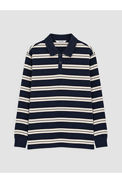 LC Waikiki Navy Blue Polo Neck Striped Men's Sweatshirt