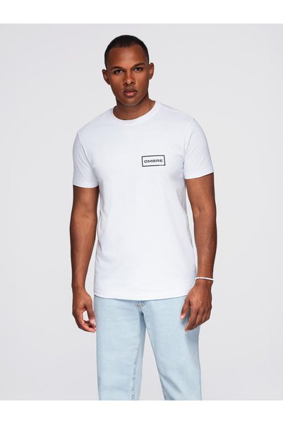 OMBRE Tricou bărbătesc, croială normală, guler rotund, imprimeu pe piept, bumbac pieptănat, alb OM-TSPT-0231