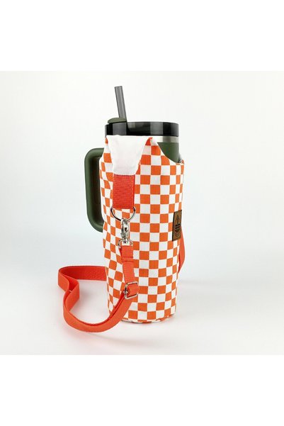 woodycord Handmade Orange and White Gingham Thermos Flask Cover with Handle and Straw 1.18