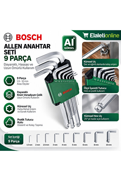 Bosch 9 Parça Allen Anahtar Seti – Uzun Tip, Küresel Uçlu Alyan Takımı