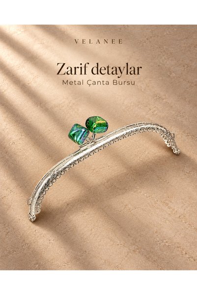 VELANE STORE Yeşil Taşlı Oval Metal Çanta Bursu – Gümüş Rengi 15 cm