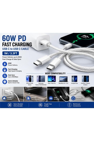 Generic USB C to USB C Cable 1M, 60W PD Fast Charging Cord, Nylon Braided Typ...