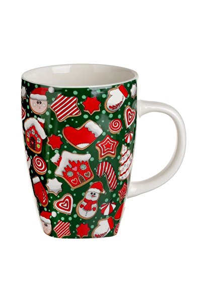 OEM Cană de Crăciun din Ceramică 420 ml, Verde cu Ornamente Înzăpezite și Baz...
