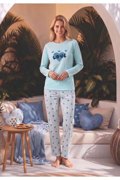 TOSKI Pijama dama maneca lunga pantalon lungi albastru print Love