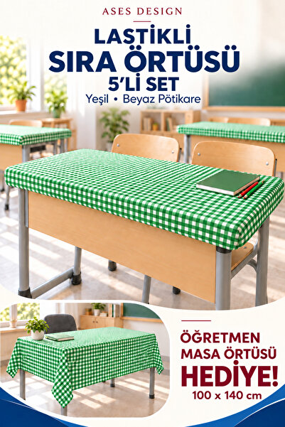 Ases Design Green and White 5-Piece Elastic Tablecloth, 100X140 cm Teacher Ta...