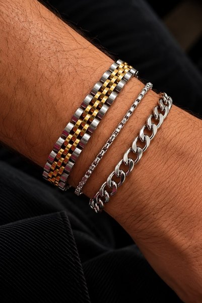 JEWELRY Men's Bracelet Set 3-Piece Steel Bracelet Combination Silver Gold Bla...