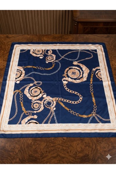 EA EURO AKSESUAR TAKI VE AKSESUAR 90X90 Navy Blue Chain Patterned Satin Scarf