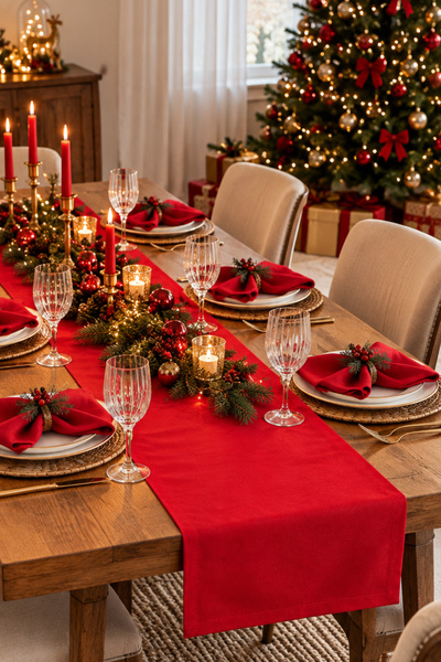 NapkinStore Red Runner and Napkin Set – 7 Pieces for the Christmas Table