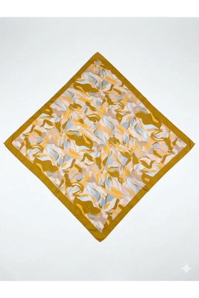 EA EURO AKSESUAR TAKI VE AKSESUAR 90X90 Mustard Yellow Patterned Satin Scarf – Cream & Baby Blue