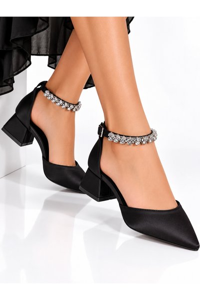Conforty Women's Ankle Motif Stone-Embellished Satin Material Stylish and Comfortable Low Heel Shoes