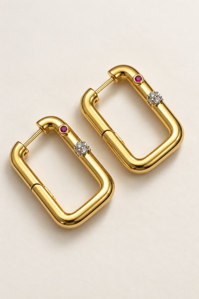 FEG STORE Women's Gold Color Pink Stone and Shiny Stone Detailed Rectangular ...