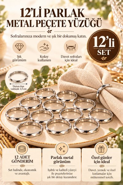 Morlay 12’li Parlak Silver Metal Peçete Yüzüğü 3,5 cm Gümüş Renk Dekoratif Pe...