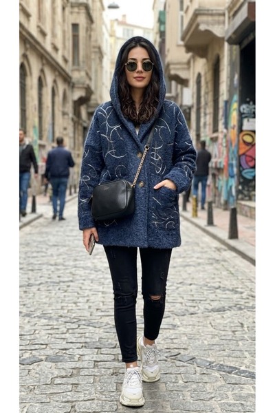 Fibula Otantik Oversize Pamuk Keçe İthal Kapüşonlu Soft Kaban 36-38-40-42-44-...