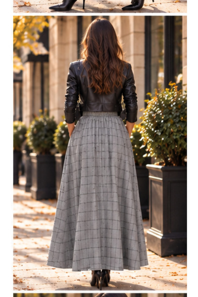 SELDAĞ MODA Gray Color Black Plaid Striped 90 cm Length Elastic Waist Full Flawed Skirt with Hidden Pockets