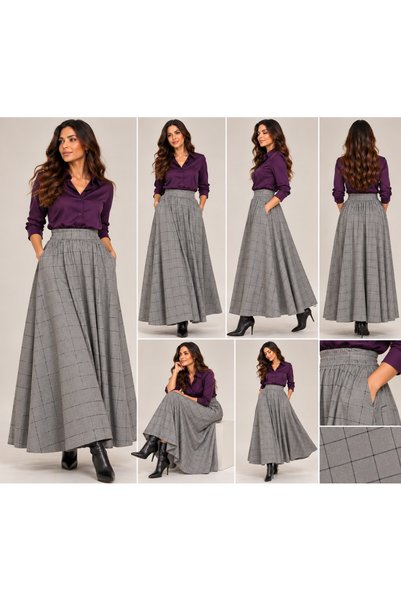 SELDAĞ MODA Gray Color Black Plaid Striped 90 cm Length Elastic Waist Full Flawed Skirt with Hidden Pockets