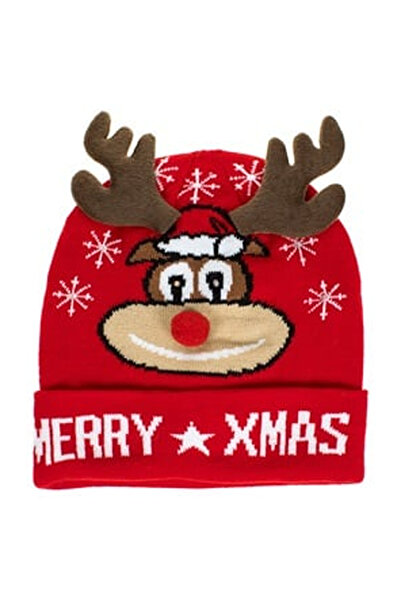 OEM Red Knitted Christmas Hat with Brown Deer Antlers and Snowflakes with LED...