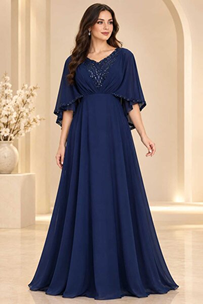 Barly Luxury Navy Blue Long Evening Dress with Cape Sleeves Lace Embroidered ...