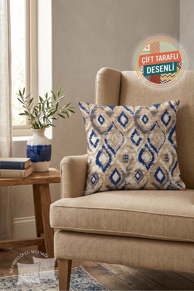 Nordica İkat Desenli Bej Yastık Kılıfı - Geometrik Motifli Lacivert Etnik Dek...