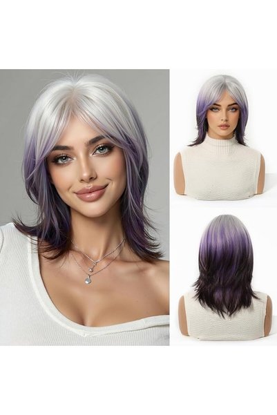 OUFEI Perucă bob scurtă, dreaptă, în nuanțe ombre violet, cu breton, 35 cm