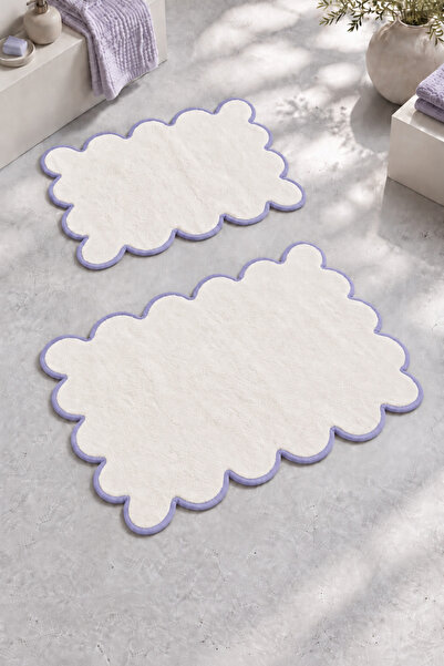 Nilteks 100% Cotton Sclop Set of 2 Bath Mats with Blue Piping 40X60+60X90