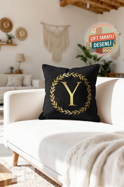 Nordica Siyah Gold Y Harfli Çelenk Motifli Yastık Kılıfı - Monogram Klasik De...