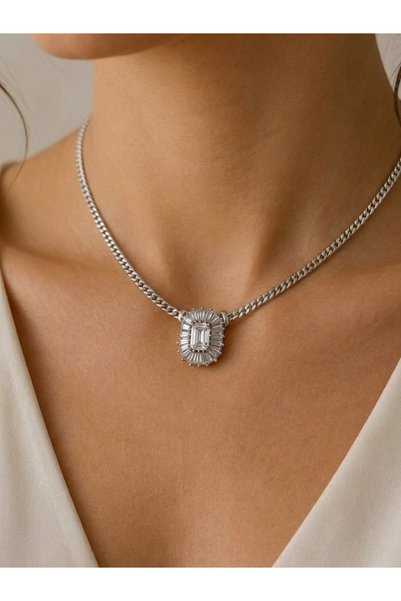 lotusbybuket Baguette Stone Non-Tarnishing Steel Silver Choker 45cm
