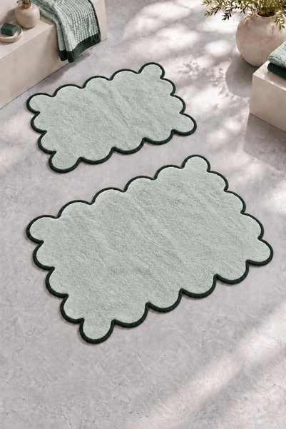 Nilteks 100% Cotton Sclop Set of 2 Bath Mats with Green Piping 40X60+60X90