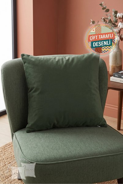Nordica Haki Yeşil Kare Fermuarlı Yastık Kılıfı - Minimalist Fermuarlı Düz Re...