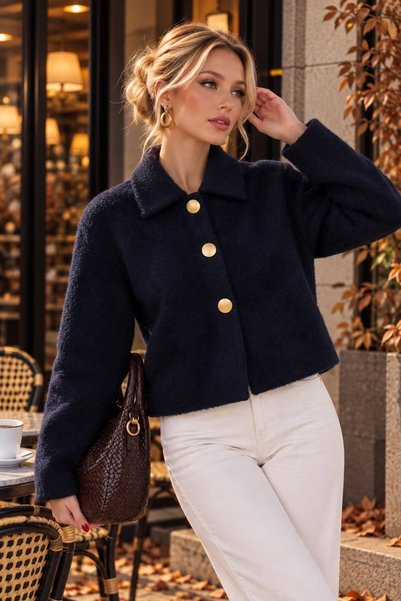 Noreva Mode Kadın Sakallı Dokulu Gold Düğmeli Kısa Ceket – Standart Beden