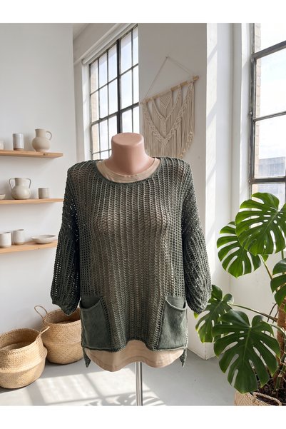 PIECE SIGNATURE Oversize Cutwork Openwork Woven Cotton Washable Pocket Sweater (Product Length 57 cm)