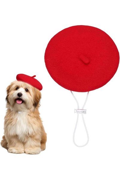 TERRIFI Pet Beret Wool Hat Bright Red, 5 Inch Adjustable French Artist Costum...