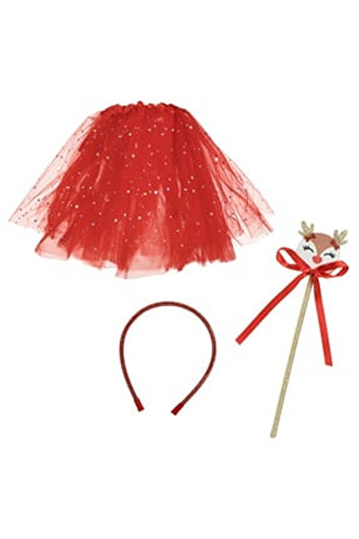 OEM Christmas Set with Red Tulle Tutu Skirt, Light, Hair Crown & Reindeer Wand