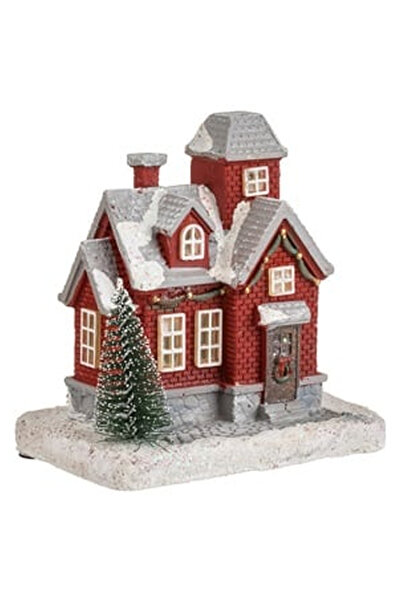 OEM Christmas Scene Red House with Tree & LED Light 10x7x11cm