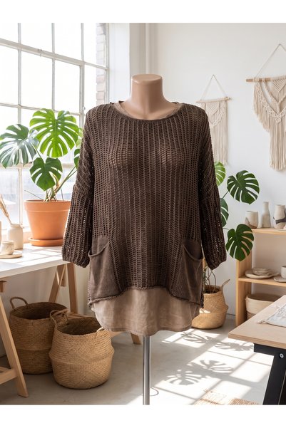 PIECE SIGNATURE Oversize Cutwork Openwork Woven Cotton Washable Pocket Sweater (Product Length 57 cm)