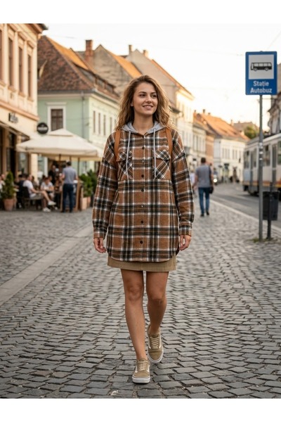 Polologin Butik Ženska jakna košulja sa kapuljačom i dugim kariranim flanelom...