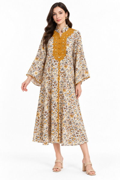 White colour Women's Midi Geometric Patterned Front Embroidered Caftan