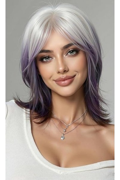 OUFEI Perucă bob scurtă, dreaptă, în nuanțe ombre violet, cu breton, 35 cm