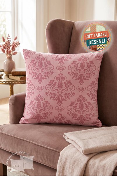 Nordica Damask Desenli Pembe Yastık Kılıfı - Kıvrımlı Çiçek Motifli Klasik Gü...