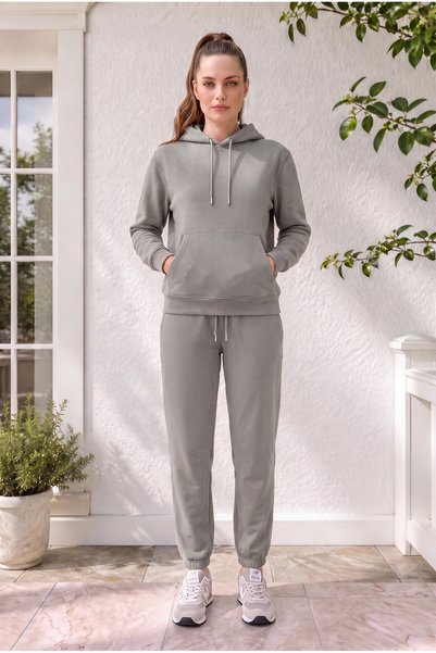 Zenvia Women's Gray 3 Thread Kangaroo Tracksuit Set with Cotton Inside, Winter Soft Textured