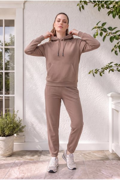 Zenvia Women's Brown 3-Thread Kangaroo Tracksuit Set with Cotton Inside, Wint...